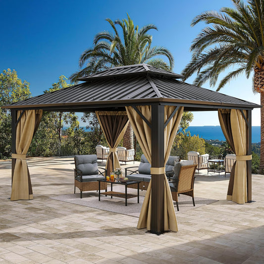 10x12 ft Hardtop Gazebo with Netting and Shaded Curtains, Outdoor Metal Gazebo 2-Tier Hardtop Galvanized Iron Aluminum Frame Garden Tent for Patio, Backyard, Deck and Lawns