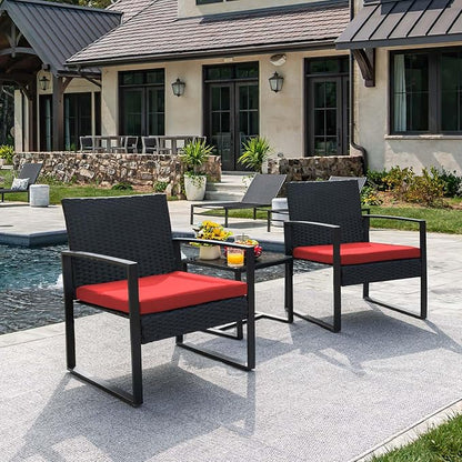 3 Pieces Patio Set Outdoor Wicker Furniture Sets Modern Rattan Chair Conversation Sets with Coffee Table for Yard and Bistro (Black)