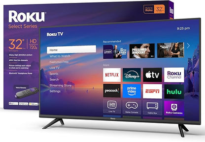 Roku Smart TV 2025 – 32-Inch Select Series, 720p HD TV – RokuTV with Voice Remote – Flat Screen LED Television with Wi-Fi for Streaming Live Local News, Sports, Family Entertainment
