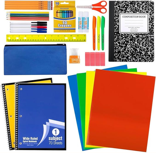 45 Piece School Supply Kit Grades K-12 - School Essentials Includes Folders Notebooks Pencils Pens and Much More!