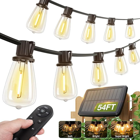 (48+6) FT Solar String Lights Waterproof,Patio Lights Solar Powered with Remote & USB Port 15+1 LED Shatterproof Bulbs 3 Light Modes, Dimmable Solar Light for Camping Backyard Garden