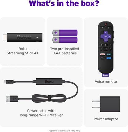 Roku Streaming Stick 4K - HDR & Dolby Vision Roku Streaming Device for TV with Voice Remote & Long-Range Wi-Fi - Free & Live TV