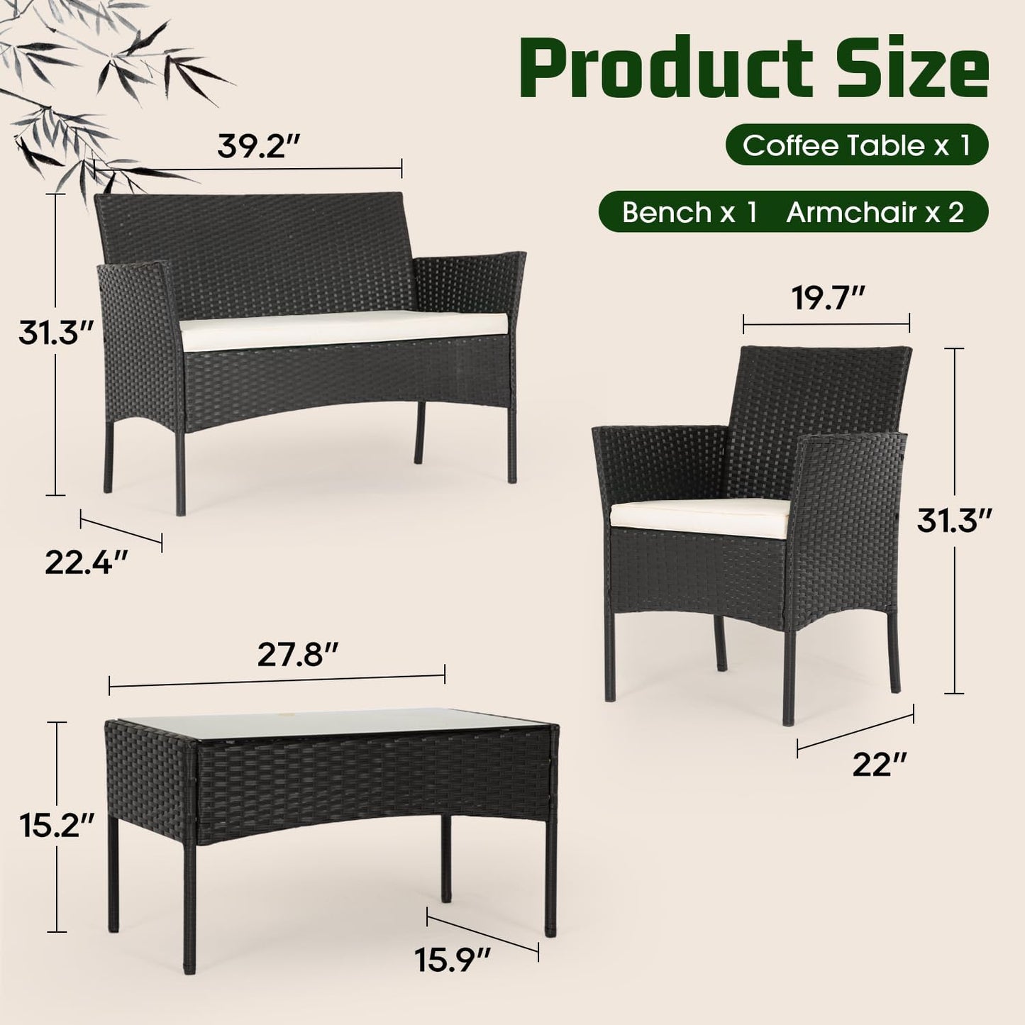 4-Piece Patio Furniture Set | Outdoor Wicker Furniture with Coffee Table | Modern Rattan Chairs Conversation Set | Outdoor Seating | Weather-Resistant | Black | for Porch, Garden, Lawn