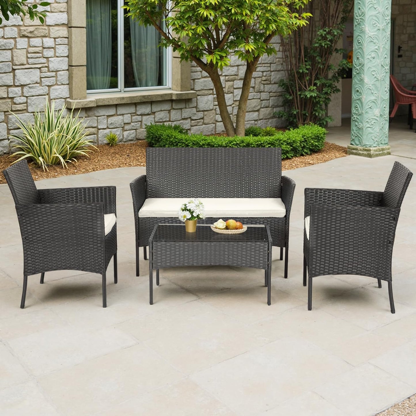 4-Piece Patio Furniture Set | Outdoor Wicker Furniture with Coffee Table | Modern Rattan Chairs Conversation Set | Outdoor Seating | Weather-Resistant | Black | for Porch, Garden, Lawn