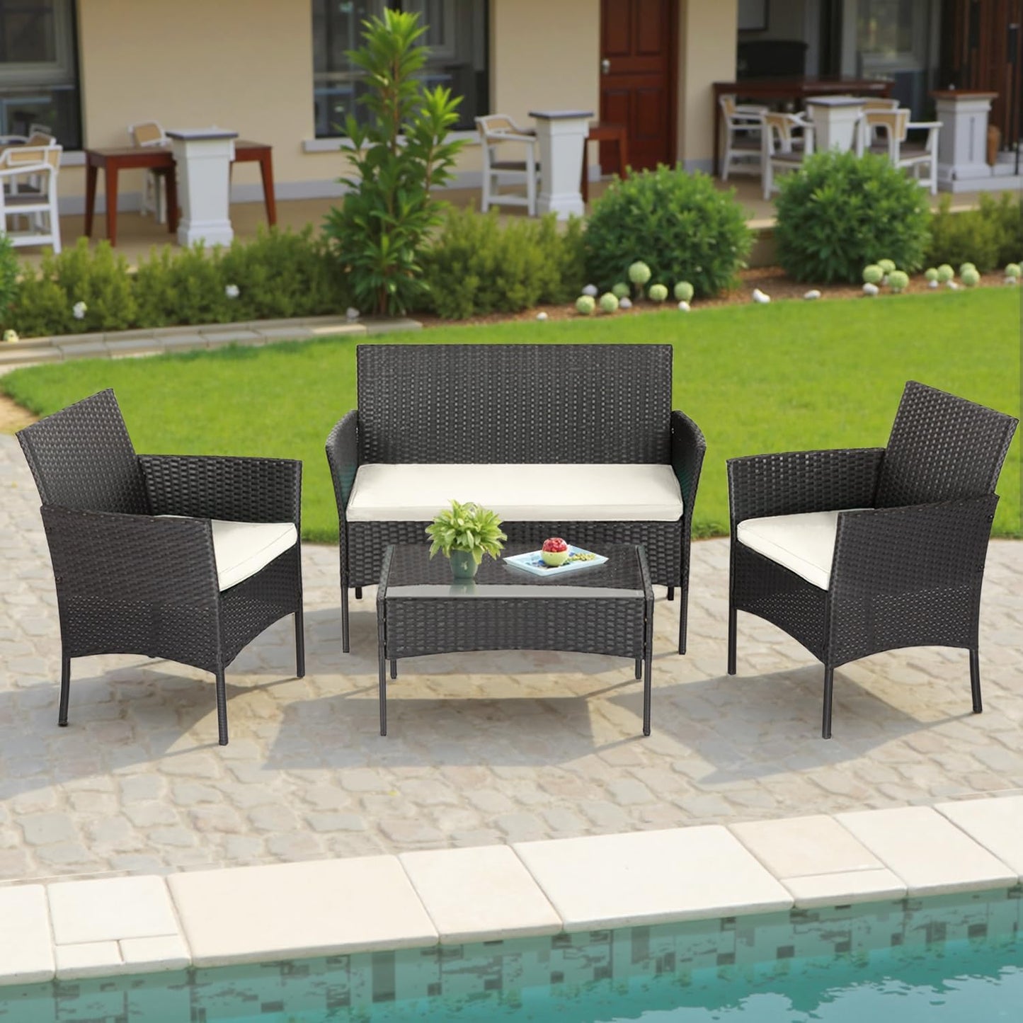 4-Piece Patio Furniture Set | Outdoor Wicker Furniture with Coffee Table | Modern Rattan Chairs Conversation Set | Outdoor Seating | Weather-Resistant | Black | for Porch, Garden, Lawn