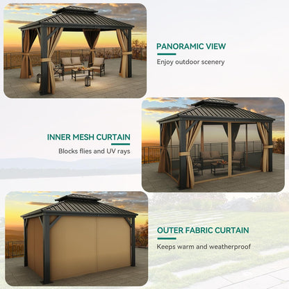 10x12 ft Hardtop Gazebo with Netting and Shaded Curtains, Outdoor Metal Gazebo 2-Tier Hardtop Galvanized Iron Aluminum Frame Garden Tent for Patio, Backyard, Deck and Lawns