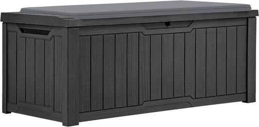120 Gallon Resin Deck Box, Weather Resistant Outdoor Storage Box for Patio Pillow, Garden Tools, Pool Supplies, Lockable, Easy Assembly, Extra Seat or Table with Cushion (Black)