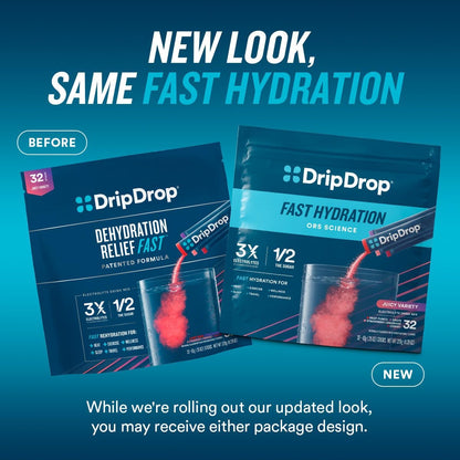 DripDrop Hydration Packets - Juicy Variety Pack - Single Serve Electrolytes Powder Drink Mix - Grape, Fruit Punch, Strawberry Lemonade, Cherry - Non-GMO, Gluten Free, Vegan - 32 Sticks
