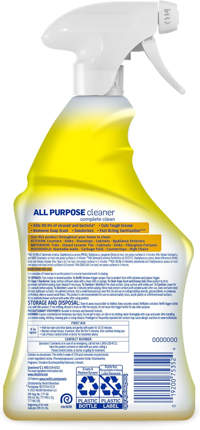 Lysol All Purpose Cleaner Spray, Multi-Purpose Disinfecting Spray, Kitchen & Bathroom Cleaner, Lemon Breeze, Lavender, Mango 32oz (Pack of 4)