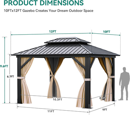 10x12 ft Hardtop Gazebo with Netting and Shaded Curtains, Outdoor Metal Gazebo 2-Tier Hardtop Galvanized Iron Aluminum Frame Garden Tent for Patio, Backyard, Deck and Lawns