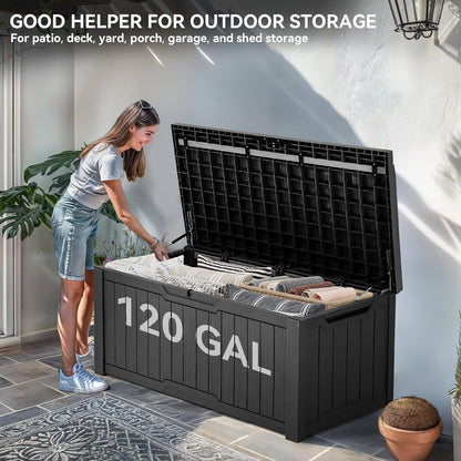 120 Gallon Resin Deck Box, Weather Resistant Outdoor Storage Box for Patio Pillow, Garden Tools, Pool Supplies, Lockable, Easy Assembly, Extra Seat or Table with Cushion (Black)