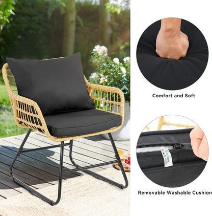 4-Piece Patio Furniture Wicker Outdoor Bistro Set, All-Weather Rattan Conversation Loveseat Chairs for Backyard, Balcony and Deck with Soft Cushions and Metal Table (Light Brown+Black)
