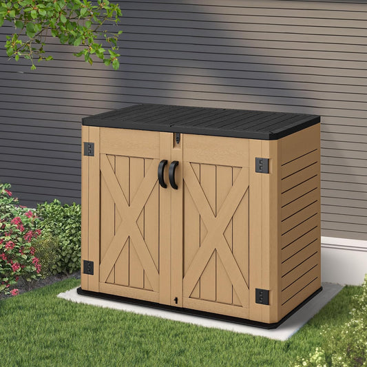 Outdoor Resin Storage Sheds with X-Shaped Lockable Door, 39 in Height Lockable Waterproof Horizontal Shed w/o Shelf，Easy to Assemble Shed Storage for Garden Tools, Brown