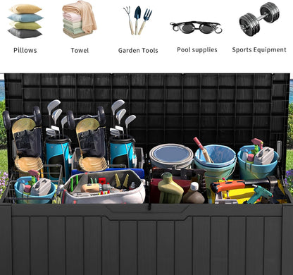 120 Gallon Resin Deck Box, Weather Resistant Outdoor Storage Box for Patio Pillow, Garden Tools, Pool Supplies, Lockable, Easy Assembly, Extra Seat or Table with Cushion (Black)