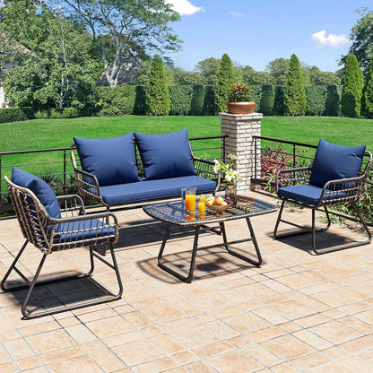 4-Piece Patio Furniture Wicker Outdoor Bistro Set, All-Weather Rattan Conversation Loveseat Chairs for Backyard, Balcony and Deck with Soft Cushions and Metal Table (Light Brown+Black)