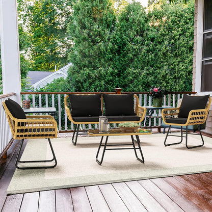 4-Piece Patio Furniture Wicker Outdoor Bistro Set, All-Weather Rattan Conversation Loveseat Chairs for Backyard, Balcony and Deck with Soft Cushions and Metal Table (Light Brown+Black)