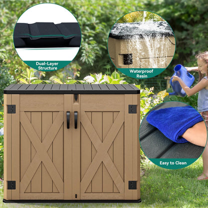 Outdoor Resin Storage Sheds with X-Shaped Lockable Door, 39 in Height Lockable Waterproof Horizontal Shed w/o Shelf，Easy to Assemble Shed Storage for Garden Tools, Brown