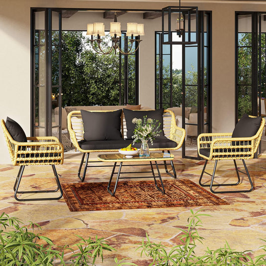 4-Piece Patio Furniture Wicker Outdoor Bistro Set, All-Weather Rattan Conversation Loveseat Chairs for Backyard, Balcony and Deck with Soft Cushions and Metal Table (Light Brown+Black)