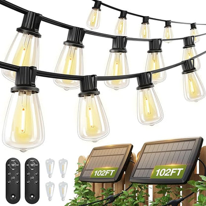 (48+6) FT Solar String Lights Waterproof,Patio Lights Solar Powered with Remote & USB Port 15+1 LED Shatterproof Bulbs 3 Light Modes, Dimmable Solar Light for Camping Backyard Garden