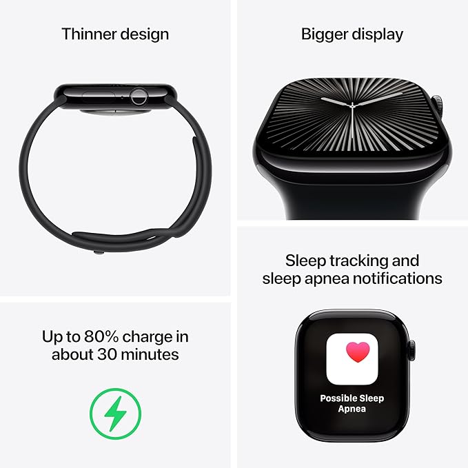 Apple Watch Series 10 [GPS + Cellular 46mm case] Smartwatch with Jet Black Aluminium Case with Black Sport Band - M/L. Fitness Tracker, ECG App, Always-On Retina Display, Water Resistant