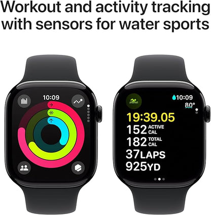 Apple Watch Series 10 [GPS + Cellular 46mm case] Smartwatch with Jet Black Aluminium Case with Black Sport Band - M/L. Fitness Tracker, ECG App, Always-On Retina Display, Water Resistant