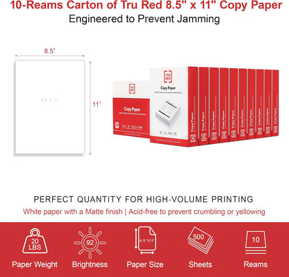 TRU RED 8.5x11 Copy Paper 20 lb. 92-Bright 5000 Sheets/Carton
