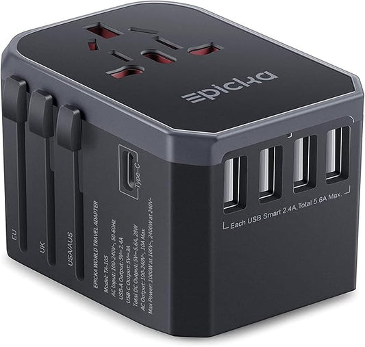 Universal Travel Adapter, European Travel Plug Adapter (Not a Voltage Converter) - International Power Adapter Worldwide Charger with USB-C & 4 USB-A Ports, Travel Essentials (TA-105, Grey)