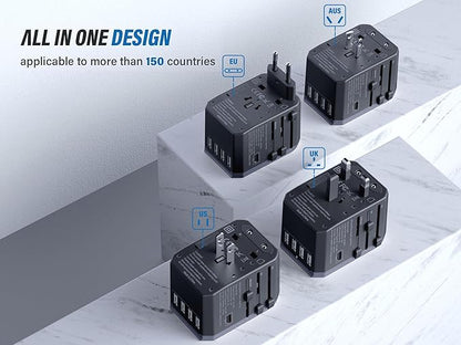 Universal Travel Adapter, European Travel Plug Adapter (Not a Voltage Converter) - International Power Adapter Worldwide Charger with USB-C & 4 USB-A Ports, Travel Essentials (TA-105, Grey)
