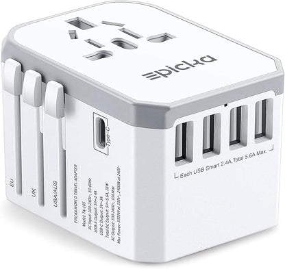 Universal Travel Adapter, European Travel Plug Adapter (Not a Voltage Converter) - International Power Adapter Worldwide Charger with USB-C & 4 USB-A Ports, Travel Essentials (TA-105, Grey)