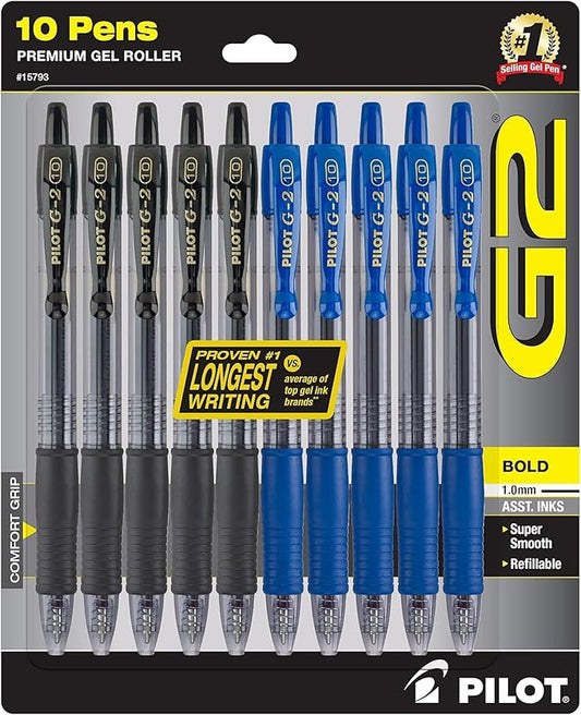 G2 Pens 1.0 mm - Bold Point, Refillable & Retractable Ballpoint Pens, Pack of 10; 5 Black & 5 Blue