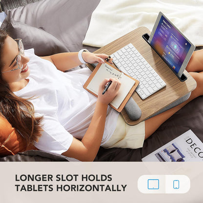 Portable Lap Laptop Desk with Pillow Cushion, Fits up to 15.6 inch Laptop, with Anti-Slip Strip & Storage Function for Home Office Students Use as Computer Laptop Stand, Book Tablet
