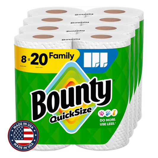 Bounty Quick Size Paper Towels, White, 8 Family Rolls = 20 Regular Rolls (Packaging May Vary)