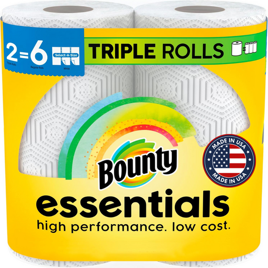 Bounty Essentials Select-A-Size Paper Towels, White, 2 Triple Rolls = 6 Regular Rolls