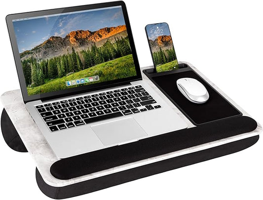 Home Office Pro Lap Desk with Wrist Rest, Mouse Pad, and Phone Holder - White Marble - Fits up to 15.6 Inch Laptops