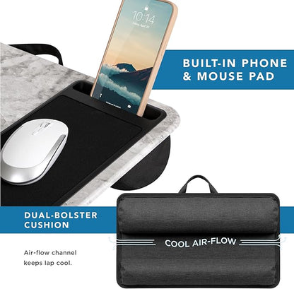 Home Office Pro Lap Desk with Wrist Rest, Mouse Pad, and Phone Holder - White Marble - Fits up to 15.6 Inch Laptops