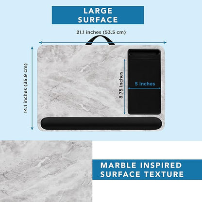 Home Office Pro Lap Desk with Wrist Rest, Mouse Pad, and Phone Holder - White Marble - Fits up to 15.6 Inch Laptops