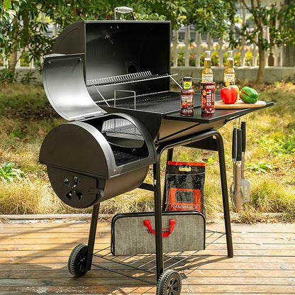 30" BBQ Charcoal Grill and Offset Smoker | 811 Square Inch cooking surface, Outdoor for Camping | Black