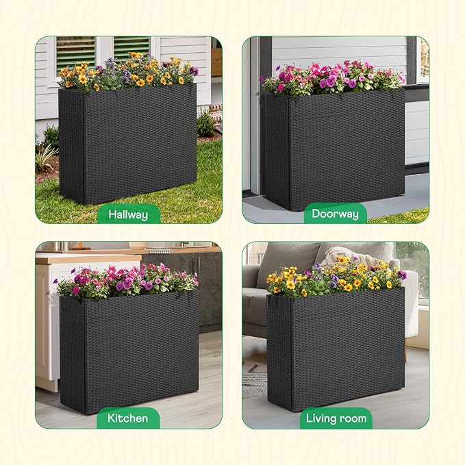 All Weather Wicker Planter Raised Garden Bed, 24 in Tall Round Rattan Flower Pots, Durable Self-Watering Indoor Outdoor Wicker Planters for Porch Patio Balcony