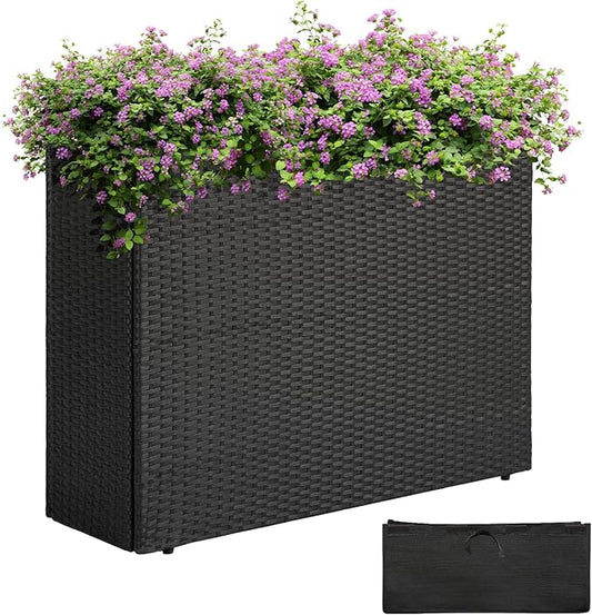 All Weather Wicker Planter Raised Garden Bed, 24 in Tall Round Rattan Flower Pots, Durable Self-Watering Indoor Outdoor Wicker Planters for Porch Patio Balcony