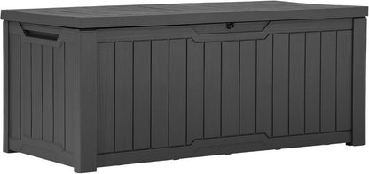 120 Gallon Resin Deck Box, Weather Resistant Outdoor Storage Box for Patio Pillow, Garden Tools, Pool Supplies, Lockable, Easy Assembly, Extra Seat or Table with Cushion (Black)