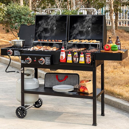 2 Burner Propane Gas and Charcoal Combo Grill with Side Burner & Porcelain-enameled Cast Iron Grates, Dual Fuel BBQ Combo Grill for Outdoor Cooking, Black