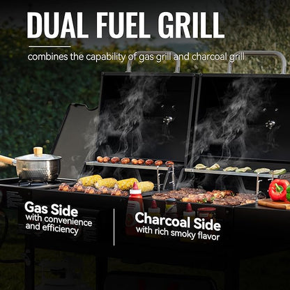 2 Burner Propane Gas and Charcoal Combo Grill with Side Burner & Porcelain-enameled Cast Iron Grates, Dual Fuel BBQ Combo Grill for Outdoor Cooking, Black