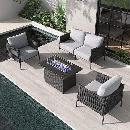 4 Piece Outdoor Furniture Set with Fire Pit Table, Modern Rope Woven Patio Conversation Sofa Set with Olefin Braid and Deep Seating