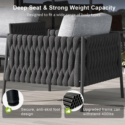 4 Piece Outdoor Furniture Set with Fire Pit Table, Modern Rope Woven Patio Conversation Sofa Set with Olefin Braid and Deep Seating