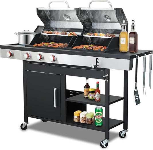 Gas and Charcoal Combo Grill with Side Burner, 37,230 BTU Outdoor BBQ Grill with Porcelain-Enameled Cast Iron Grates and Griddle Plate, Thermometer, Storage Cabinet Rack for Patio, Garden, Backyard