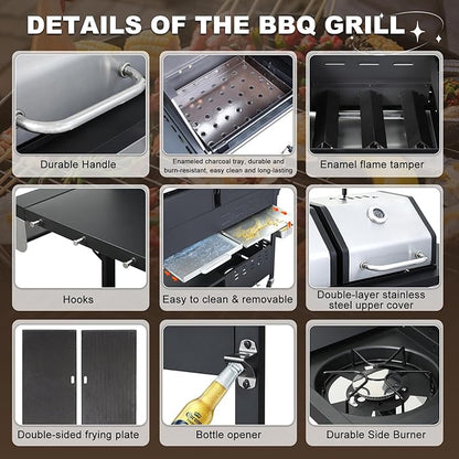 Gas and Charcoal Combo Grill with Side Burner, 37,230 BTU Outdoor BBQ Grill with Porcelain-Enameled Cast Iron Grates and Griddle Plate, Thermometer, Storage Cabinet Rack for Patio, Garden, Backyard