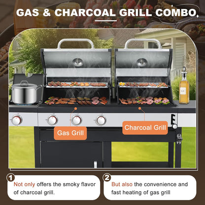 Gas and Charcoal Combo Grill with Side Burner, 37,230 BTU Outdoor BBQ Grill with Porcelain-Enameled Cast Iron Grates and Griddle Plate, Thermometer, Storage Cabinet Rack for Patio, Garden, Backyard