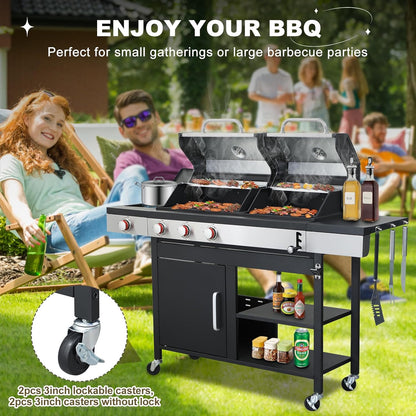 Gas and Charcoal Combo Grill with Side Burner, 37,230 BTU Outdoor BBQ Grill with Porcelain-Enameled Cast Iron Grates and Griddle Plate, Thermometer, Storage Cabinet Rack for Patio, Garden, Backyard