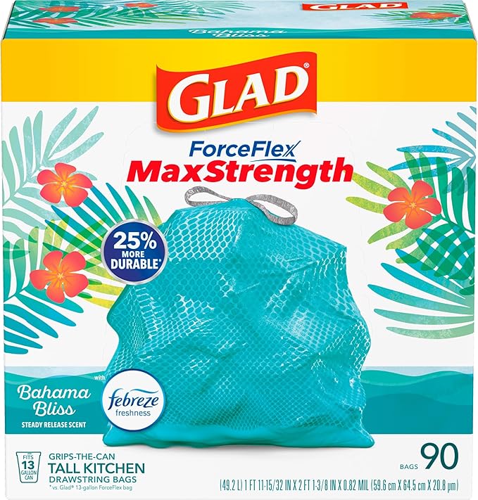 Glad Tall Kitchen Trash Bags 13 Gallon, MaxStrength Cherry Blossom Garbage Bags, Drawstring, 90 Count