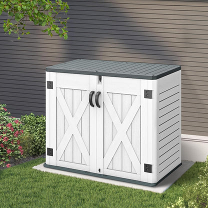 Outdoor Resin Storage Sheds with X-Shaped Lockable Door, 39 in Height Lockable Waterproof Horizontal Shed w/o Shelf，Easy to Assemble Shed Storage for Garden Tools, Brown